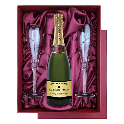 Personalised Champagne - Black Star in Red Luxury Presentation Set With Flutes